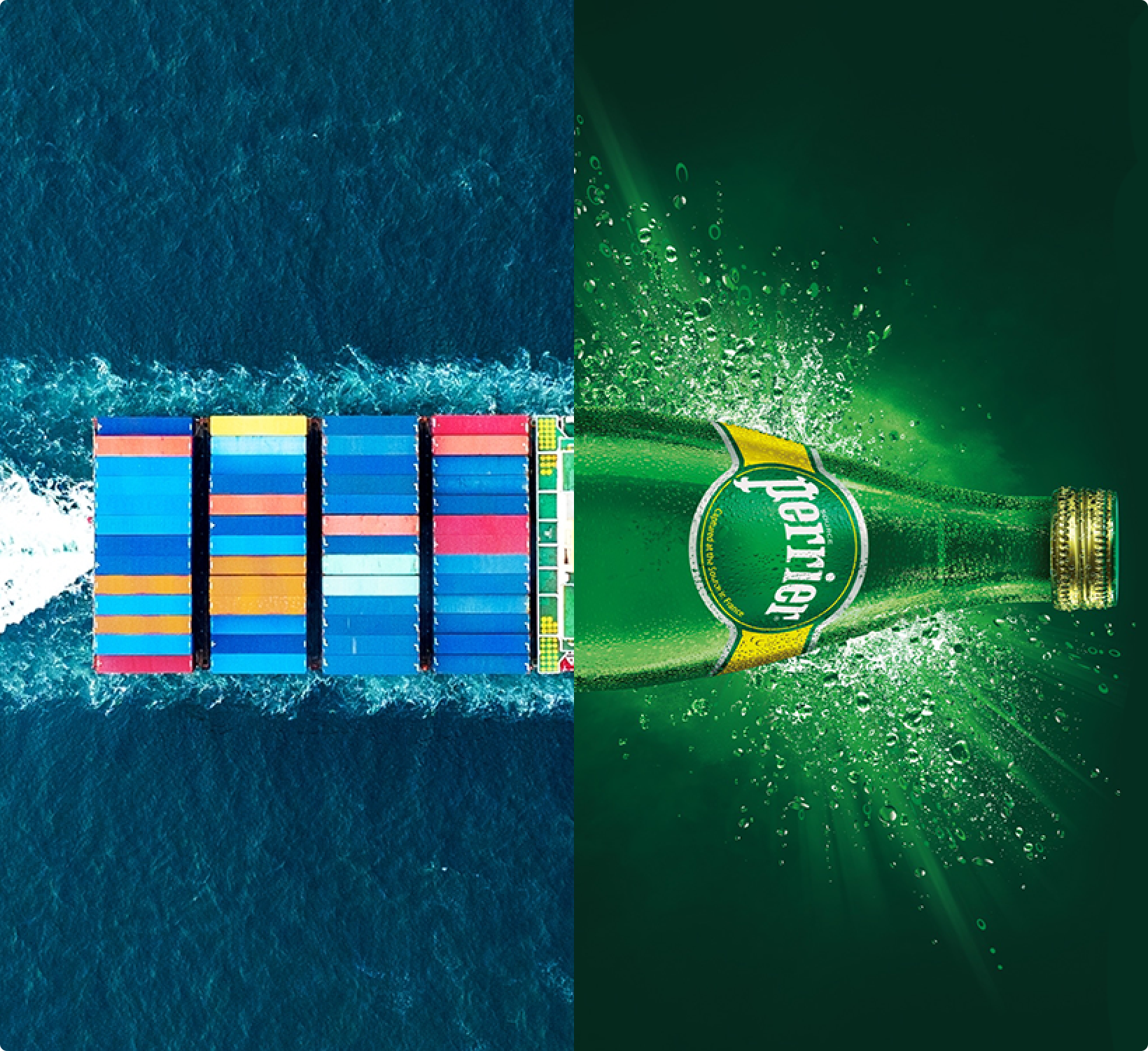Perrier bottle morphing into a shipping container